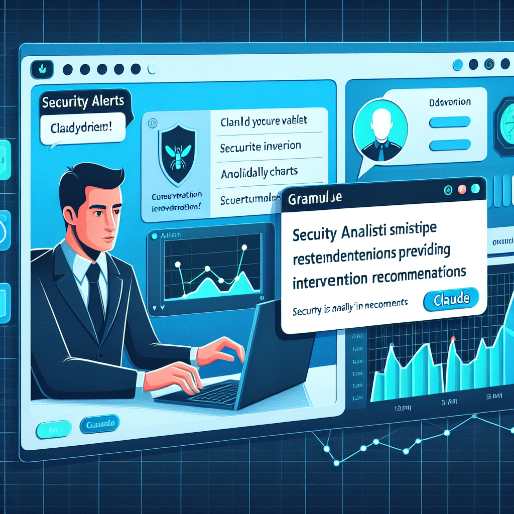 Capture d'écran stylisée d'un tableau de bord montrant des alertes de sécurité, graphiques d'anomalies et une fenêtre de chat où Claude fournit des recommandations d'intervention