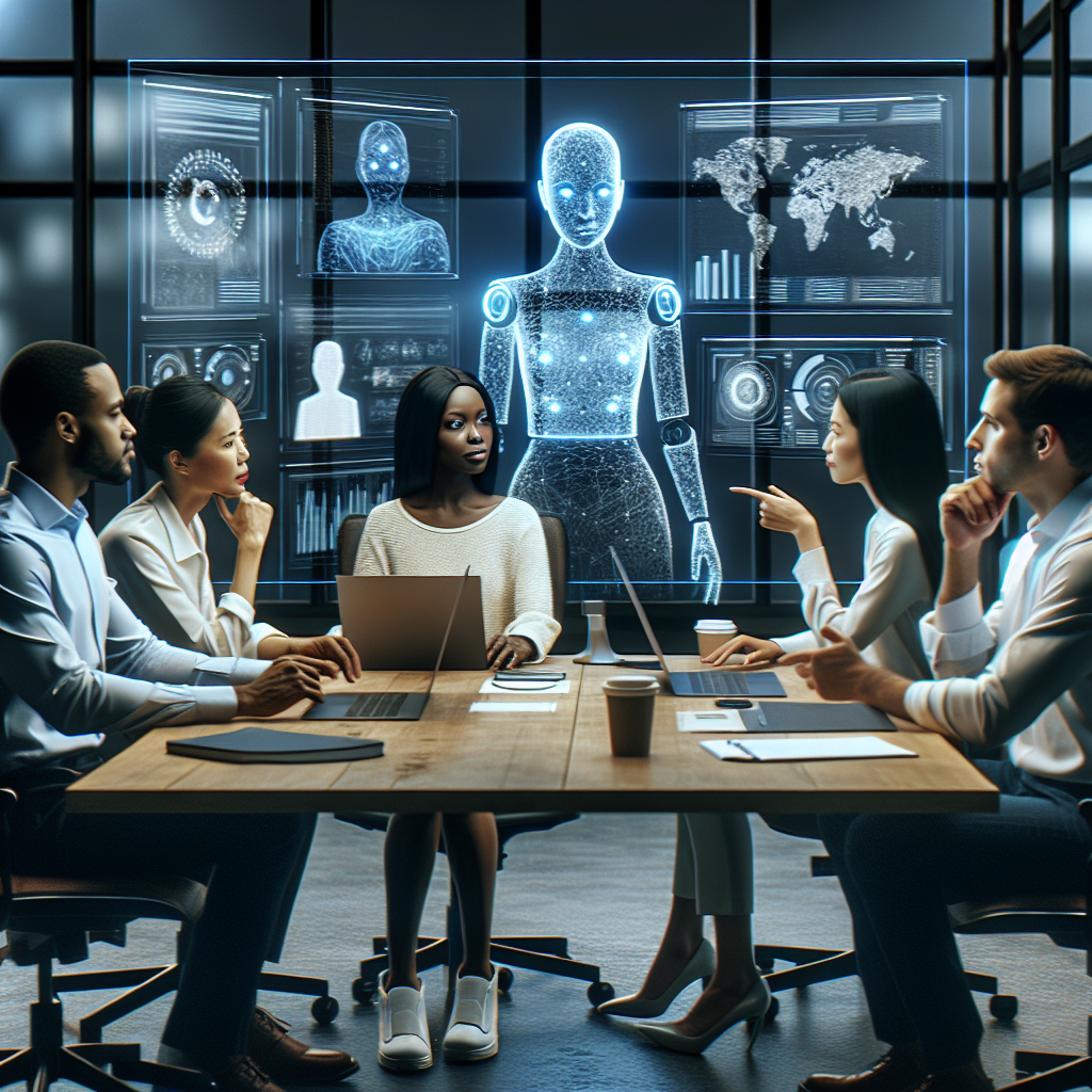 Photo d'une équipe de sécurité informatique en réunion, observant des écrans et discutant des recommandations d'un assistant IA, ambiance professionnelle et collaborative